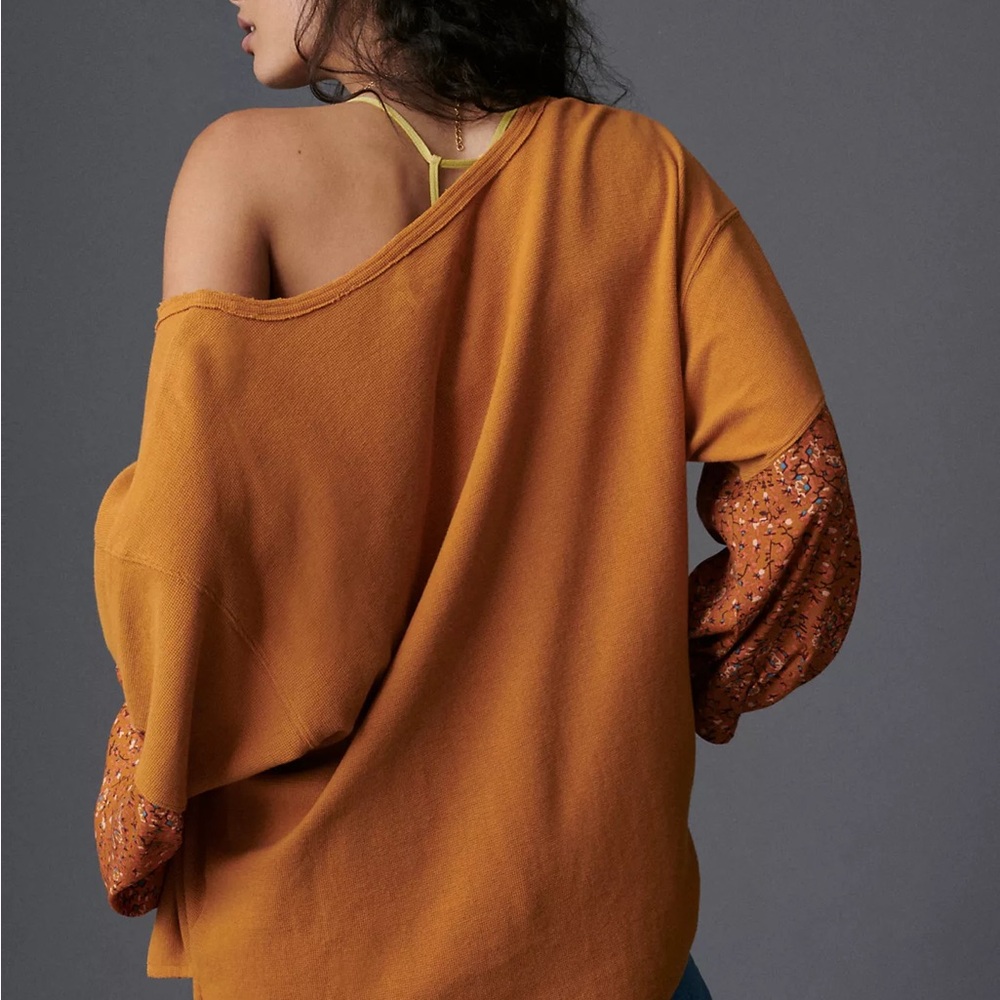 Anthropologie Waffle Knit Floral Printed Sleeve Annette Top Women’s Size Small - Picture 13 of 13